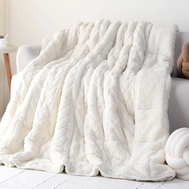 Main image of Jacquard Weighted Blanket 15lbs for Adults Queen Size 60x80 in | Ultra Soft Cozy Sherpa Fleece Weighted Blankets for Sleep Calm Relax, Fuzzy Warm bed Sofa Heavy Blankets Throw, Cream White