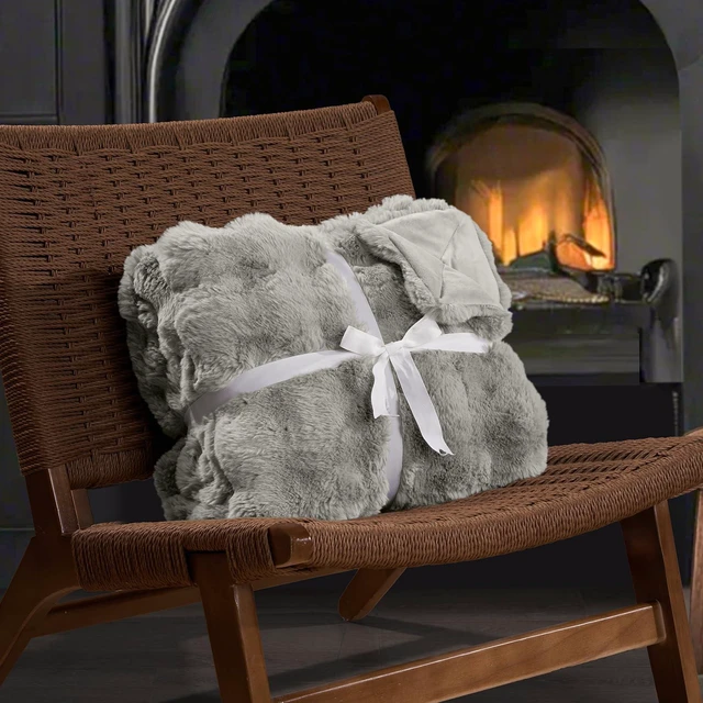 Alt view image 6 of 7 - Warm Faux Fur Throw Blanket, Ultra Soft Cozy, 50"x60", Light Grey | Luxury Fluffy Plush Bubble Blanket for Bed, Couch, Chair, Sofa Decorative, Thick Reversible Throw Suitable for Fall & Winter