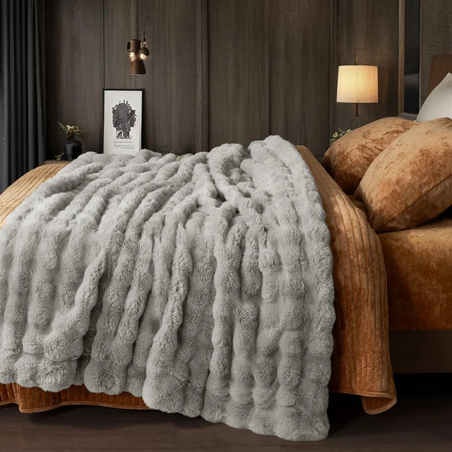 Alt view image 7 of 7 - Warm Faux Fur Throw Blanket, Ultra Soft Cozy, 50"x60", Light Grey | Luxury Fluffy Plush Bubble Blanket for Bed, Couch, Chair, Sofa Decorative, Thick Reversible Throw Suitable for Fall & Winter