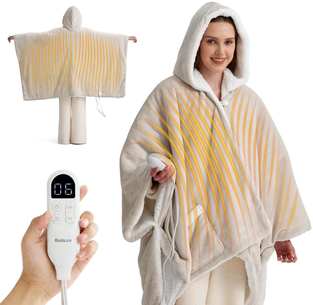 Main image of Wearable Heated Blanket Hoodie Shawl, Gifts for Mom, 55"x64" Cream | Preheat Function, Warm Sherpa Electric Blanket Throw Poncho, 6 Heat/6 Timer (Up to 10H) Settings, 8H Auto Shut Off, ETL/FCC