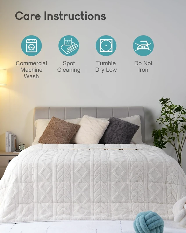 Alt view image 6 of 7 - Jacquard Weighted Blanket 15lbs for Adults Queen Size 60x80 in | Ultra Soft Cozy Sherpa Fleece Weighted Blankets for Sleep Calm Relax, Fuzzy Warm bed Sofa Heavy Blankets Throw, Cream White
