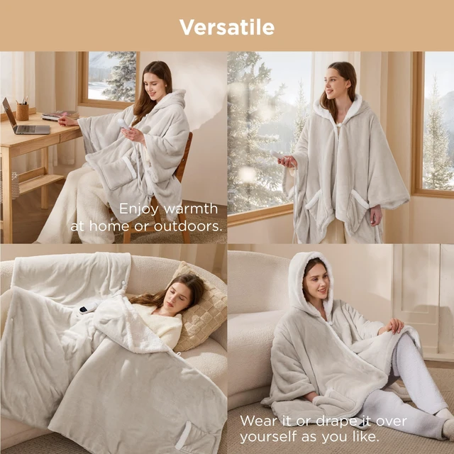 Alt view image 6 of 7 - Wearable Heated Blanket Hoodie Shawl, Gifts for Mom, 55"x64" Cream | Preheat Function, Warm Sherpa Electric Blanket Throw Poncho, 6 Heat/6 Timer (Up to 10H) Settings, 8H Auto Shut Off, ETL/FCC