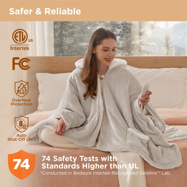 Alt view image 5 of 7 - Wearable Heated Blanket Hoodie Shawl, Gifts for Mom, 55"x64" Cream | Preheat Function, Warm Sherpa Electric Blanket Throw Poncho, 6 Heat/6 Timer (Up to 10H) Settings, 8H Auto Shut Off, ETL/FCC
