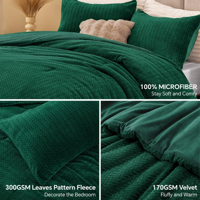 Alt view image 2 of 6 - Fleece King Size Comforter Set Green, Fluffy Bed Set 3 Pieces | Ultra Soft& Warm, Fuzzy Cozy Leaves Pattern Faux Fur Comforter for All Season, Luxury Furry Velvet Bedding with 2 Pillowcases