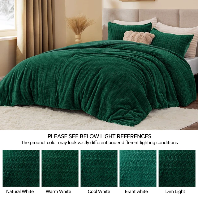 Alt view image 4 of 6 - Fleece King Size Comforter Set Green, Fluffy Bed Set 3 Pieces | Ultra Soft& Warm, Fuzzy Cozy Leaves Pattern Faux Fur Comforter for All Season, Luxury Furry Velvet Bedding with 2 Pillowcases
