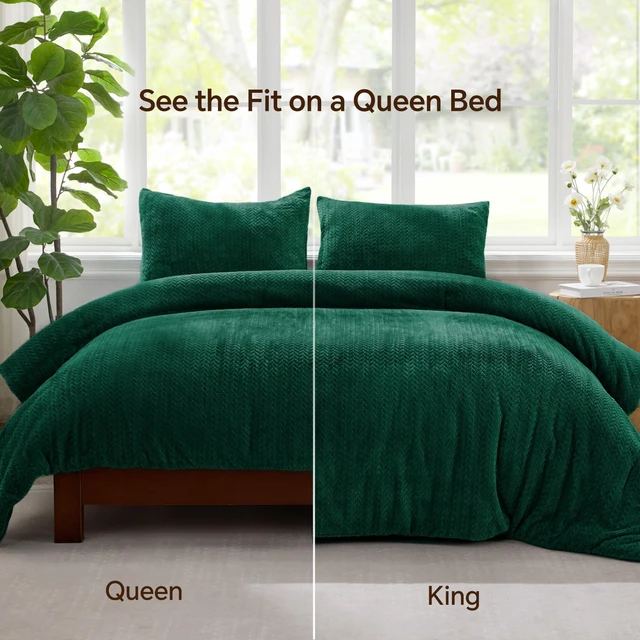 Alt view image 5 of 6 - Fleece King Size Comforter Set Green, Fluffy Bed Set 3 Pieces | Ultra Soft& Warm, Fuzzy Cozy Leaves Pattern Faux Fur Comforter for All Season, Luxury Furry Velvet Bedding with 2 Pillowcases