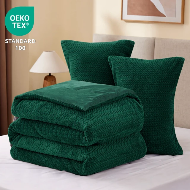 Alt view image 6 of 6 - Fleece King Size Comforter Set Green, Fluffy Bed Set 3 Pieces | Ultra Soft& Warm, Fuzzy Cozy Leaves Pattern Faux Fur Comforter for All Season, Luxury Furry Velvet Bedding with 2 Pillowcases
