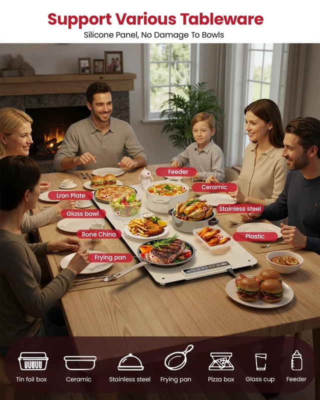 Alt view image 4 of 7 - Extra Large Food Warming Mat, XXL 36"x16" Full-Surface Heating | 4 Temps Settings, Roll-Up Electric Tray for Countertop, Food Warmer for Buffet, Parties & Gatherings, Beige