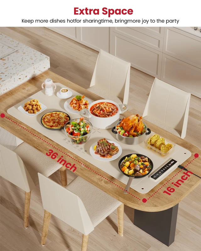Alt view image 2 of 7 - Extra Large Food Warming Mat, XXL 36"x16" Full-Surface Heating | 4 Temps Settings, Roll-Up Electric Tray for Countertop, Food Warmer for Buffet, Parties & Gatherings, Beige