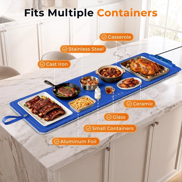 Alt view image 5 of 7 - Warming Mat for Food Extra Large 49"x15", 7 Heat Levels, 8 Hour Timer | Electric silicone heating mat for food, countertop warming trays, warming pads for buffets, chafing dishes and parties, Blue