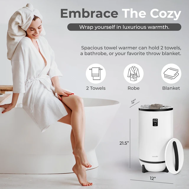 Alt view image 2 of 6 - Towel Warmer Bucket Style Portable Blanket Heater for Spa and Bathroom, Large Capacity, Customizable Fragrance, Auto Shut-Off, Fits 2 Large Towels or Blankets, One-Touch Control, Black