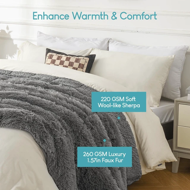 Alt view image 3 of 7 - Faux Fur Reversible Sherpa Weighted Blanket 15lbs,Luxury Snugly Long Fur Warm Heavy Blanket 60x80 inches,Super Soft Fuzzy Fleece Blanket for Cold Days,Gray