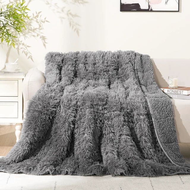Main image of Faux Fur Reversible Sherpa Weighted Blanket 15lbs,Luxury Snugly Long Fur Warm Heavy Blanket 60x80 inches,Super Soft Fuzzy Fleece Blanket for Cold Days,Gray