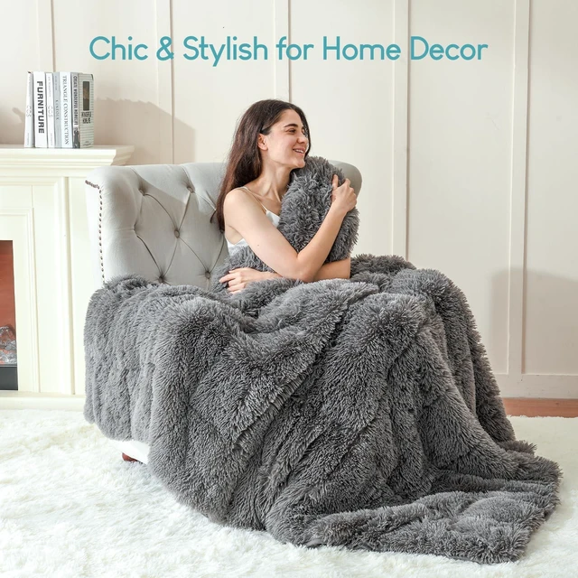 Alt view image 7 of 7 - Faux Fur Reversible Sherpa Weighted Blanket 15lbs,Luxury Snugly Long Fur Warm Heavy Blanket 60x80 inches,Super Soft Fuzzy Fleece Blanket for Cold Days,Gray