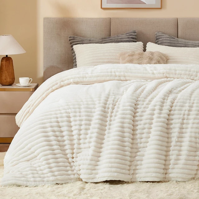 Main image of Fleece Queen Comforter Set, Fluffy Bed Set, Cream White | Super Soft & Warm Bedding, Luxury Fuzzy Faux Fur Comforter for Winter, Heavy Plush Bedding, with 2 Pillowcases