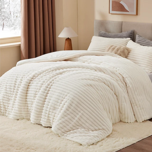 Alt view image 2 of 7 - Fleece Queen Comforter Set, Fluffy Bed Set, Cream White | Super Soft & Warm Bedding, Luxury Fuzzy Faux Fur Comforter for Winter, Heavy Plush Bedding, with 2 Pillowcases