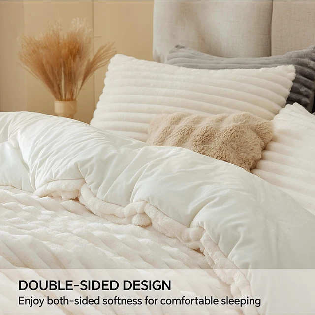 Alt view image 4 of 7 - Fleece Queen Comforter Set, Fluffy Bed Set, Cream White | Super Soft & Warm Bedding, Luxury Fuzzy Faux Fur Comforter for Winter, Heavy Plush Bedding, with 2 Pillowcases