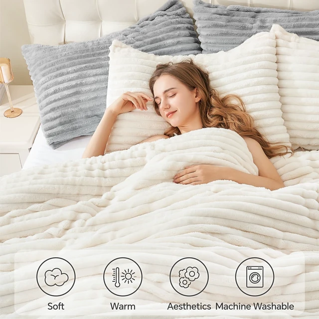 Alt view image 5 of 7 - Fleece Queen Comforter Set, Fluffy Bed Set, Cream White | Super Soft & Warm Bedding, Luxury Fuzzy Faux Fur Comforter for Winter, Heavy Plush Bedding, with 2 Pillowcases