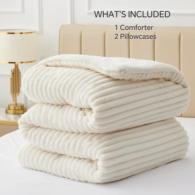 Alt view image 6 of 7 - Fleece Queen Comforter Set, Fluffy Bed Set, Cream White | Super Soft & Warm Bedding, Luxury Fuzzy Faux Fur Comforter for Winter, Heavy Plush Bedding, with 2 Pillowcases