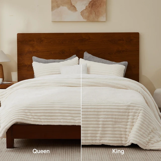 Alt view image 7 of 7 - Fleece Queen Comforter Set, Fluffy Bed Set, Cream White | Super Soft & Warm Bedding, Luxury Fuzzy Faux Fur Comforter for Winter, Heavy Plush Bedding, with 2 Pillowcases