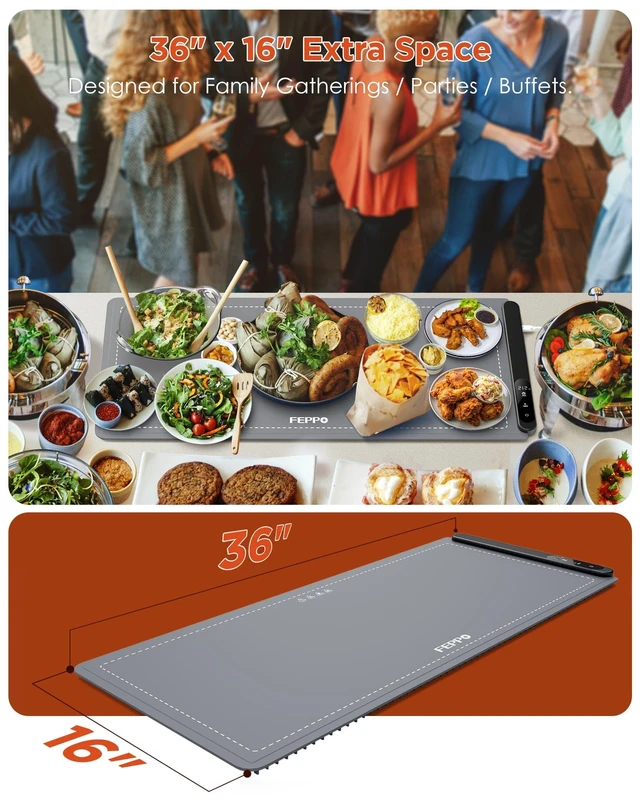 Alt view image 2 of 6 - Food Warming Mat, (XXL 36"x16") Food Warmers for Parties Buffet | Upgrade High-tech Heating System, Fast Full Surface Electric Warming Tray with 6 Level Temperature and 6 Hours Timer
