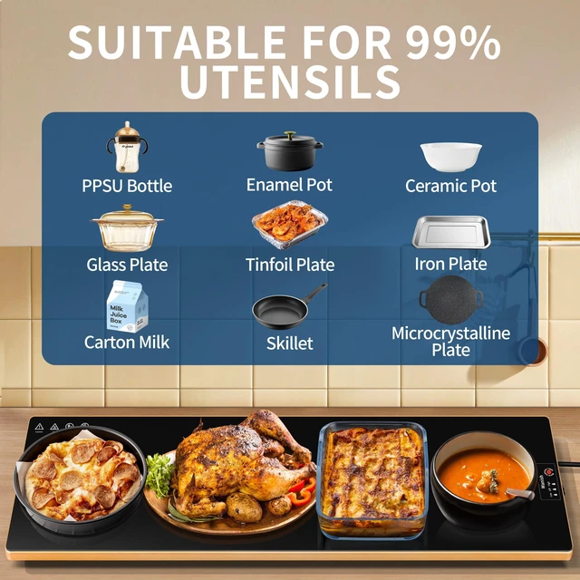 Alt view image 4 of 7 - Electric Warming Tray,Extralong 40"x12",Tempered Glass Warming Mat for Food | Keep Food Warm,Food Warmers For Parties Buffet Daily Gatherings,Temperature Adjustable,With Thermostat
