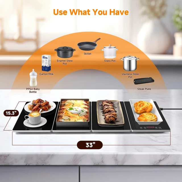 Alt view image 4 of 7 - Electric Warming Tray, 4-in-1 Food Warmers for Parties Buffet with 10 Temp Settings and Timer, 33"x15" Glass Surface Warming Mat for Food, Modular Buffet Hot Plates for Catering and Gatherings
