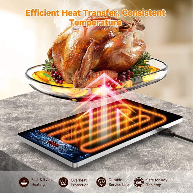Alt view image 6 of 7 - Electric Warming Tray, 4-in-1 Food Warmers for Parties Buffet with 10 Temp Settings and Timer, 33"x15" Glass Surface Warming Mat for Food, Modular Buffet Hot Plates for Catering and Gatherings