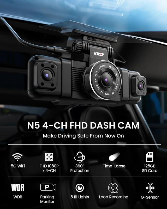 Alt view image 2 of 7 - N5 4 Channel Dash Cam for Cars, 360° View 2K Front 1080P Rear Inside | Includes 128GB Card, 5G WiFi & APP Control, IR Night Vision, G-Sensor, 24 Hours Parking Mode