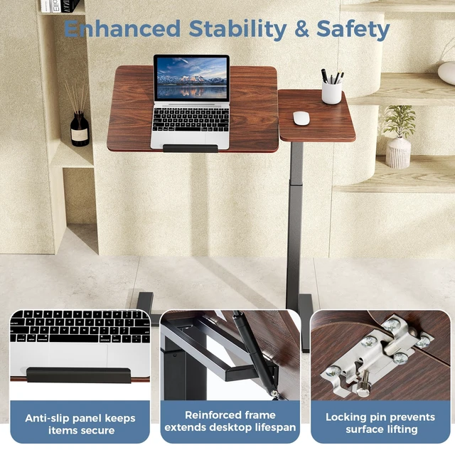 Alt view image 7 of 7 - Standing Desk with Wheels, Rolling Desk, Laptop Table, Overbed Table | Adjustable Height, Portable Computer Workstation, Tilting Desktop, Home Office Classroom Bedside, Dark Chocolate