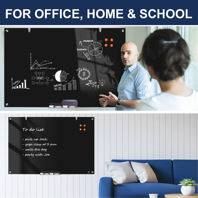 Alt view image 3 of 7 - White Board for Wall - 36" x 24" Black Glass Board 3 X 2 FT | Wall Mounted Magnetic Whiteboard, Frameless Large Dry Erase Board for Office, Home & School Supplies