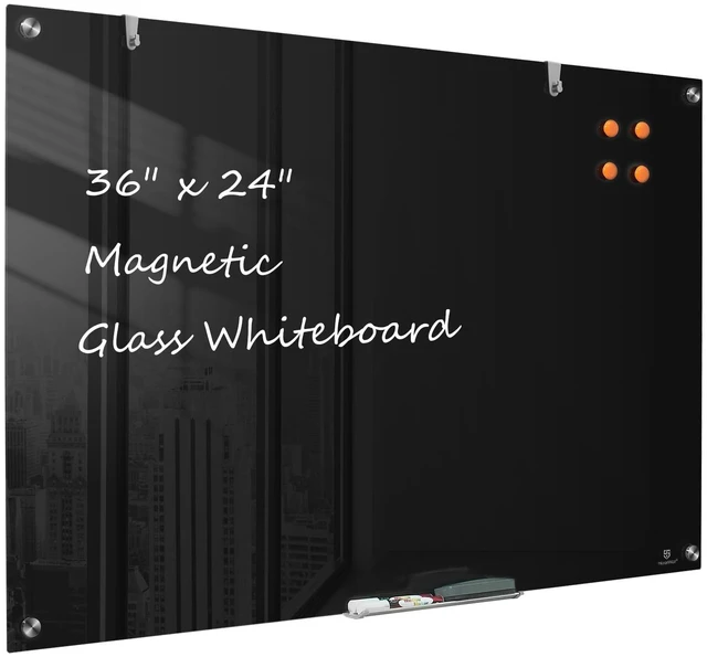 Main image of White Board for Wall - 36" x 24" Black Glass Board 3 X 2 FT | Wall Mounted Magnetic Whiteboard, Frameless Large Dry Erase Board for Office, Home & School Supplies
