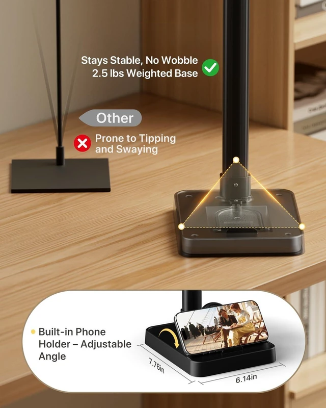 Alt view image 4 of 7 - 42" Desk Lamp for Home Office with Base, 1800LM 4-Panel LED Light | 5 Colors & 5 Brightness Levels, Flexible Gooseneck, Focused/Wide Lighting, Flicker-Free for Dual Monitors, Study & Workbench