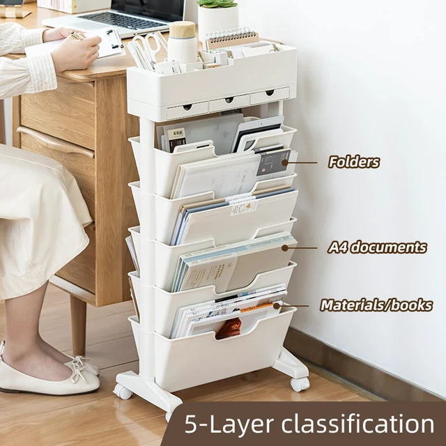 Alt view image 3 of 7 - 5 Tier Rolling Book Cart Multi-Functional Movable Storage Bookshelves | rolling bookshelf,Movable Storage Bookshelves with Lockable Wheels for Study Office Library Classroom,