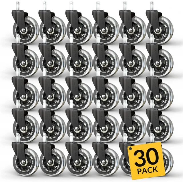 Main image of Office Chair Wheels Universal Fit Roller Blade Casters 30 Pack | Safe for Hardwood Carpet Floors 3 Inch - Heavy Duty Rubber Replacement for Gaming Chairs - Smooth, Silent Easy Installation