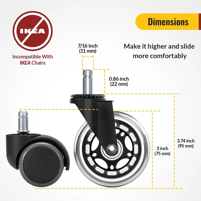 Alt view image 6 of 7 - Office Chair Wheels Universal Fit Roller Blade Casters 30 Pack | Safe for Hardwood Carpet Floors 3 Inch - Heavy Duty Rubber Replacement for Gaming Chairs - Smooth, Silent Easy Installation