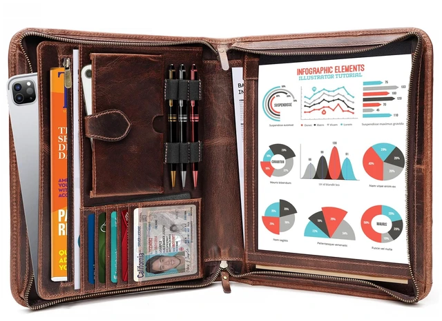 Main image of Leather Portfolio Binder, Professional Organizer Padfolio Resume Folder, Business Card & Document Holder, Portfolios for Men & Women, Office & Business Supplies (Large - Brown)