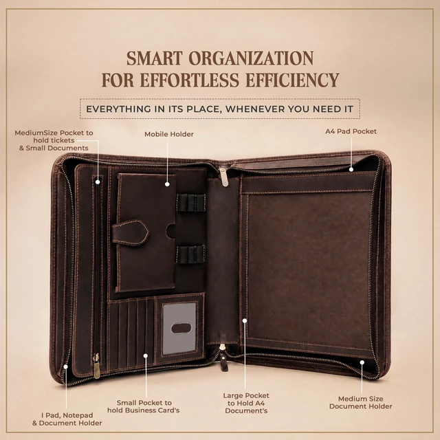 Alt view image 3 of 7 - Leather Portfolio Binder, Professional Organizer Padfolio Resume Folder, Business Card & Document Holder, Portfolios for Men & Women, Office & Business Supplies (Large - Brown)