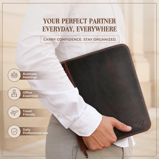 Alt view image 5 of 7 - Leather Portfolio Binder, Professional Organizer Padfolio Resume Folder, Business Card & Document Holder, Portfolios for Men & Women, Office & Business Supplies (Large - Brown)