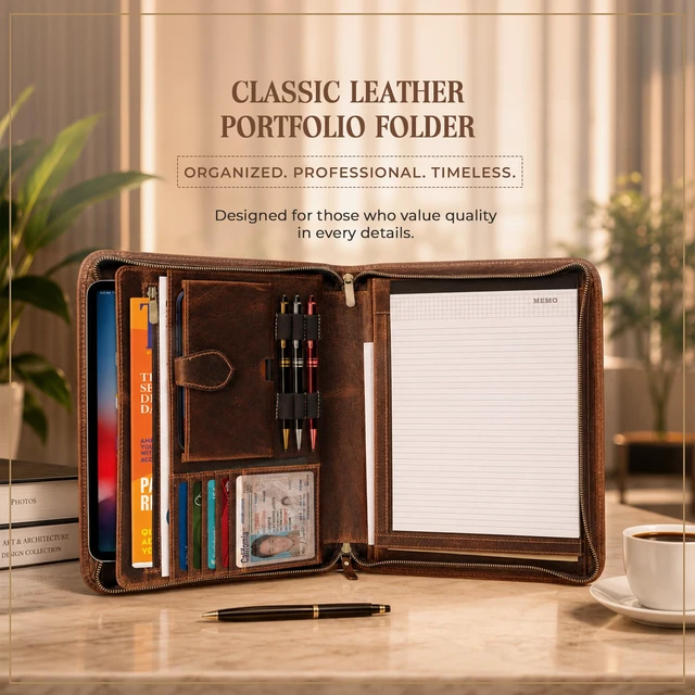 Alt view image 2 of 7 - Leather Portfolio Binder, Professional Organizer Padfolio Resume Folder, Business Card & Document Holder, Portfolios for Men & Women, Office & Business Supplies (Large - Brown)