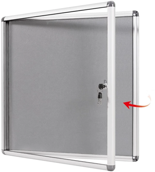 Main image of 28x26 in Enclosed Bulletin Board, Message Noticeboard, Grey Felt | 6xA4, Tamperproof, Shatterproof, with Locking Door, Silver Aluminum Frame, Display Board for Wall, Office School Business