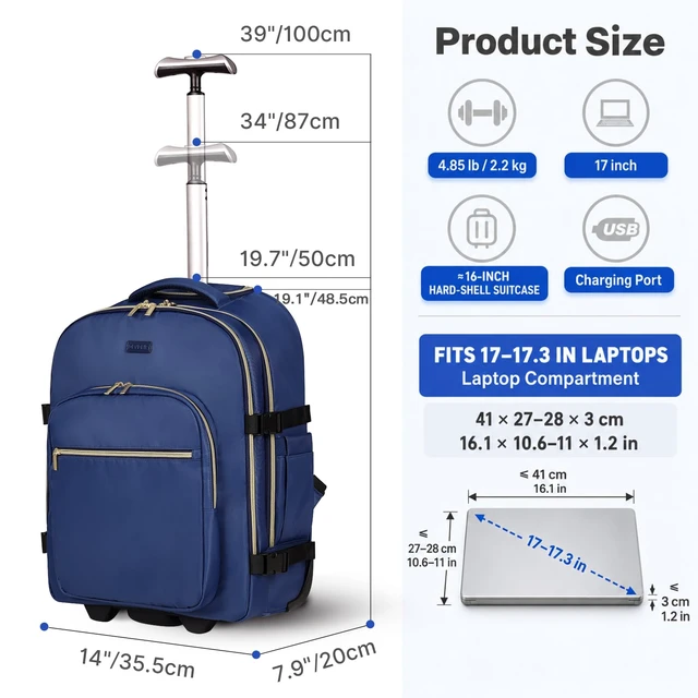Alt view image 2 of 7 - Rolling Backpack for Women, Travel Backpack with Wheels, Dark Blue | 17 Inch Wheeled Roller Laptop Bag for Adults, Carry On Underseat Luggage for College Business Work Overnight Travel