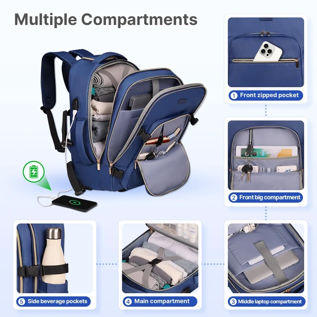Alt view image 3 of 7 - Rolling Backpack for Women, Travel Backpack with Wheels, Dark Blue | 17 Inch Wheeled Roller Laptop Bag for Adults, Carry On Underseat Luggage for College Business Work Overnight Travel