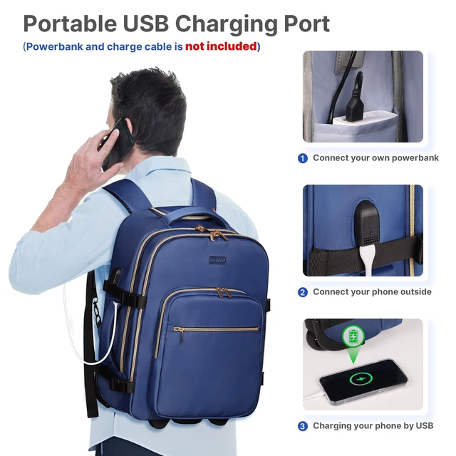 Alt view image 4 of 7 - Rolling Backpack for Women, Travel Backpack with Wheels, Dark Blue | 17 Inch Wheeled Roller Laptop Bag for Adults, Carry On Underseat Luggage for College Business Work Overnight Travel