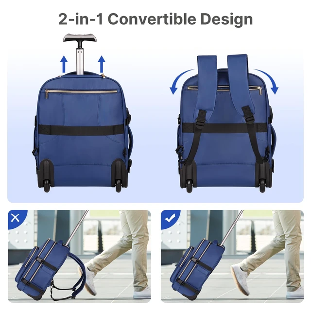 Alt view image 5 of 7 - Rolling Backpack for Women, Travel Backpack with Wheels, Dark Blue | 17 Inch Wheeled Roller Laptop Bag for Adults, Carry On Underseat Luggage for College Business Work Overnight Travel