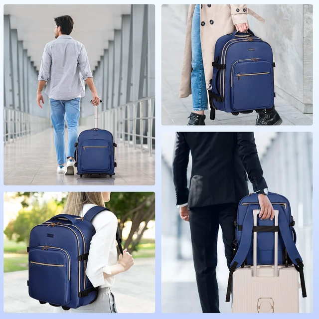 Alt view image 6 of 7 - Rolling Backpack for Women, Travel Backpack with Wheels, Dark Blue | 17 Inch Wheeled Roller Laptop Bag for Adults, Carry On Underseat Luggage for College Business Work Overnight Travel
