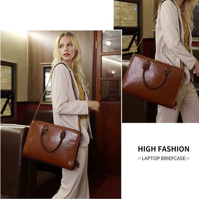 Alt view image 2 of 7 - Genuine Leather Briefcase for Women, Large Capacity Laptop Bag | Genuine leather, spacious fits 14" laptop. Multiple pockets. Ideal for work, business travel
