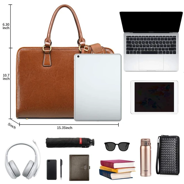Alt view image 4 of 7 - Genuine Leather Briefcase for Women, Large Capacity Laptop Bag | Genuine leather, spacious fits 14" laptop. Multiple pockets. Ideal for work, business travel