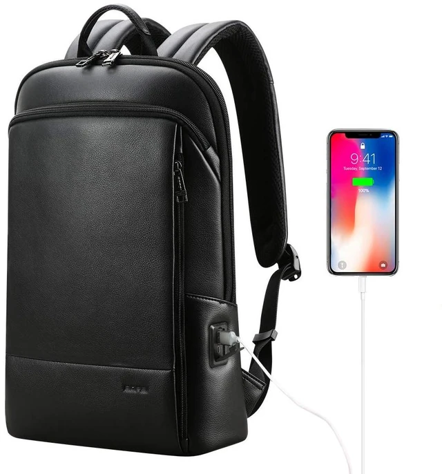 Main image of Unisex Slim Genuine Leather Laptop Backpack Men for 15-15.6 inch Business Smart Professional Lightweight Backpack with USB Charging Office Commuter Computer Rucksack Executive Anti Theft Black