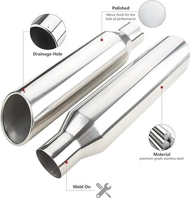 Alt view image 4 of 6 - 2 Pcs 2.5" Inlet Exhaust Tips,2.5" Inlet x 4" Outlet x 17" Overall Length, Weld On, Polished, Universal Stainless Steel Diesel Exhaust Tailpipe